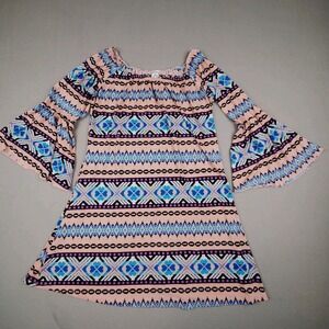 2B Together Multicolored Geometric Boho Bell Sleeve Aztec Tunic Mini Dress Sz M